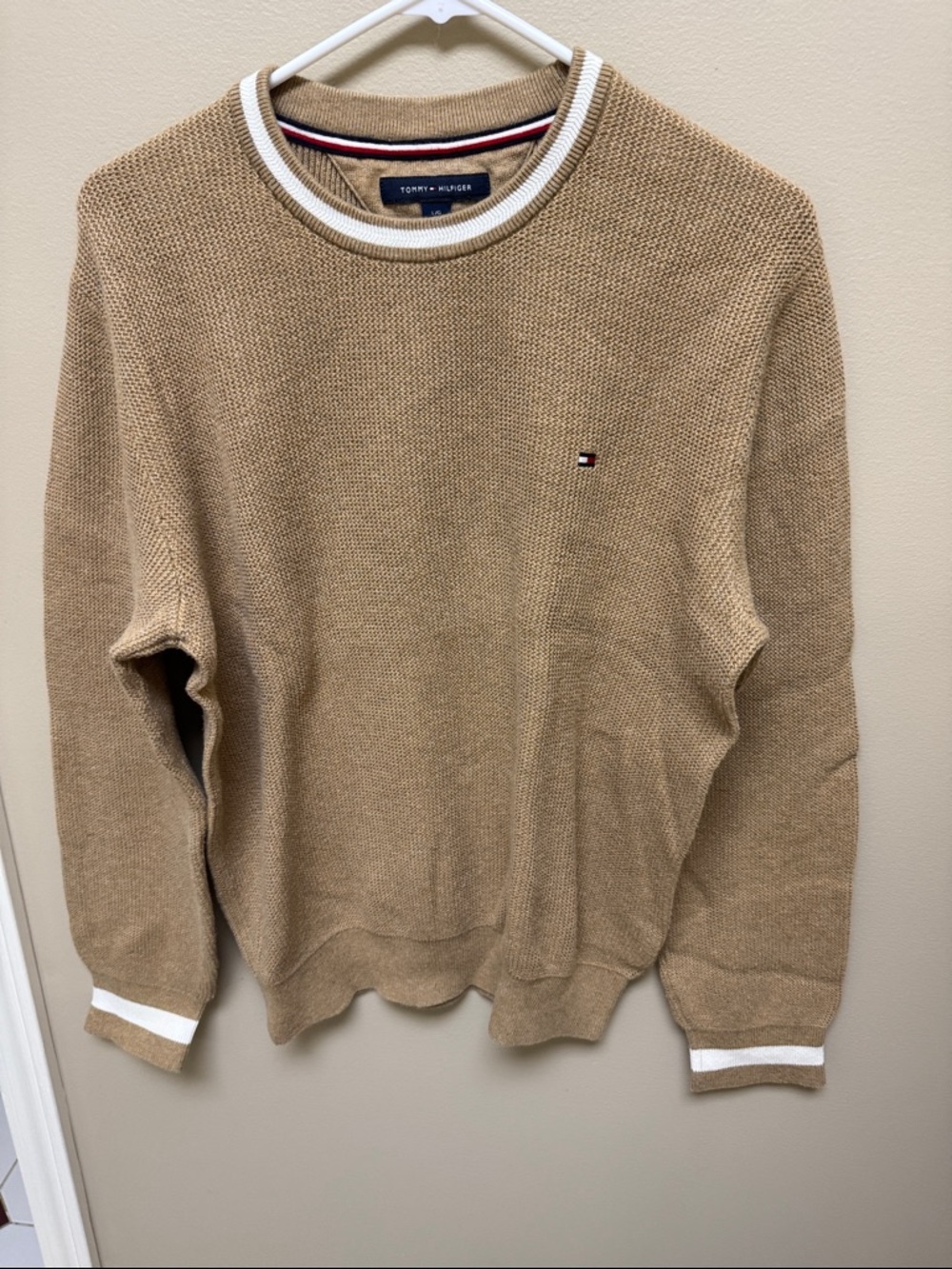 Tommy Hilfiger Men's Beige Crewneck Sweater with White Trim